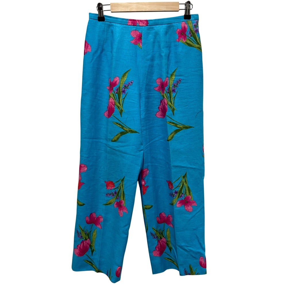 Vtg Talbots Pants Womens Sz 8 Blue Floral Linen‎ Wide Leg Cottage Resort Coastal